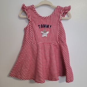 🧸2/20$ Tommy Red Striped Toddler Dress Top Size 24M Ruffle Sleeves Girl Bow
